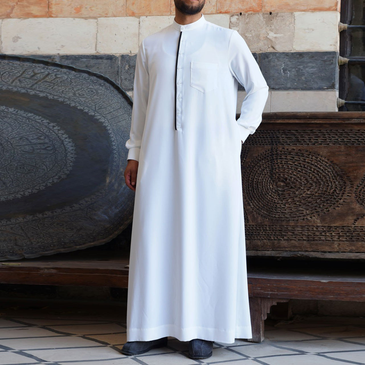 Men's Fashion Casual White Button Down Muslim Robe - Image 4