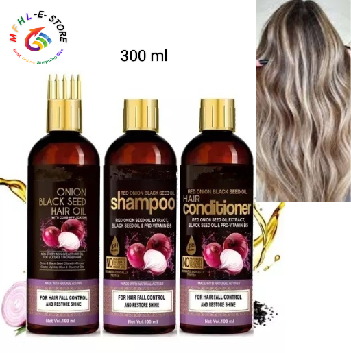 Hair Care Set of Black Seed Onion Hair Oil + Shampoo + Conditioner for Hair fall Control 300 ml
