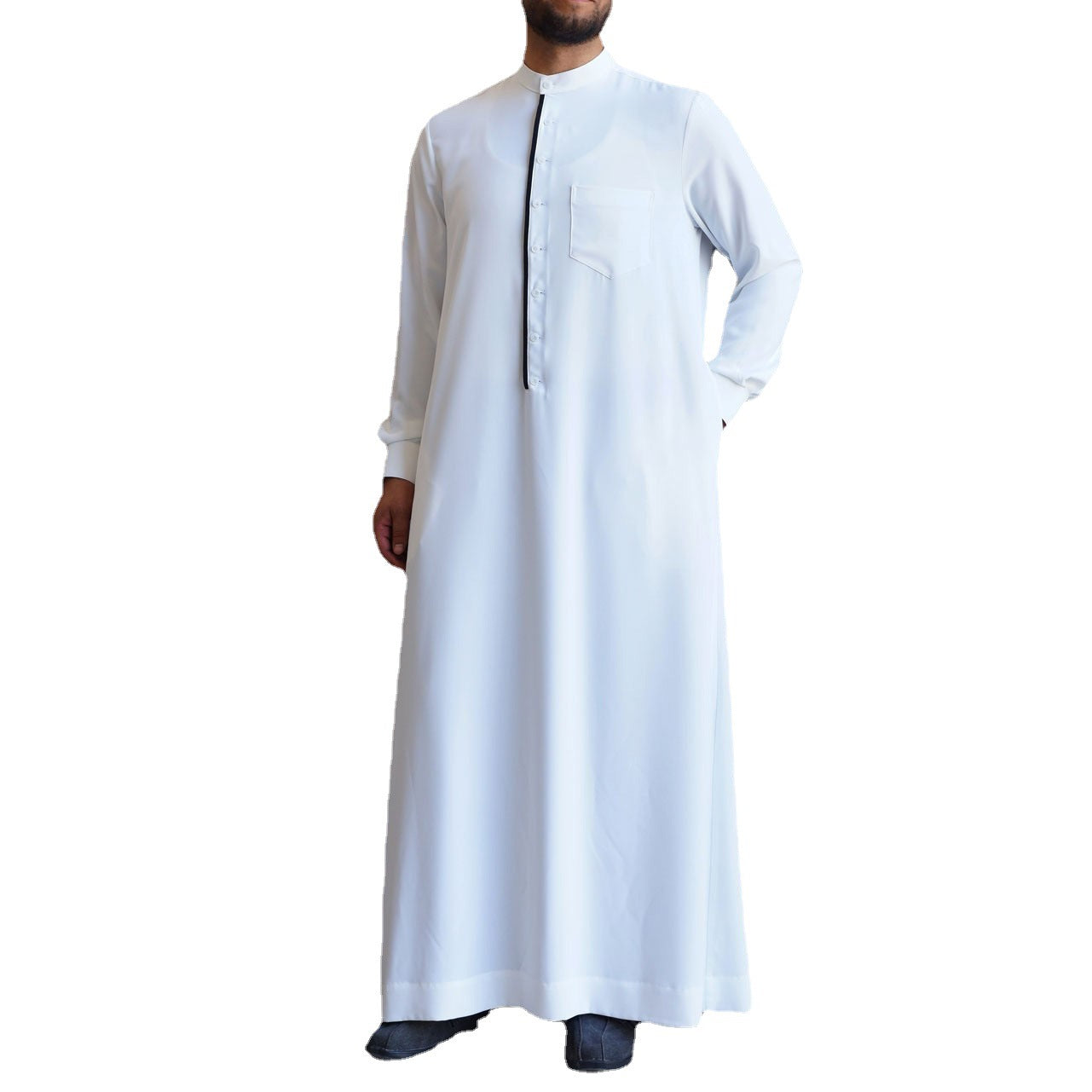 Men's Fashion Casual White Button Down Muslim Robe - Image 3