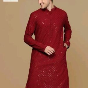Red Elegant Stitched Men’s Chikankari Kurta – Premium Rayon Comfort