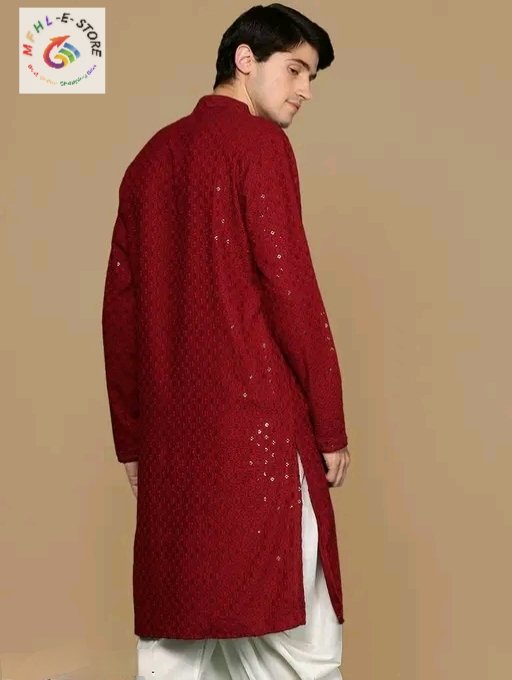 Red Elegant Stitched Men's Chikankari Kurta – Premium Rayon Comfort - Image 4