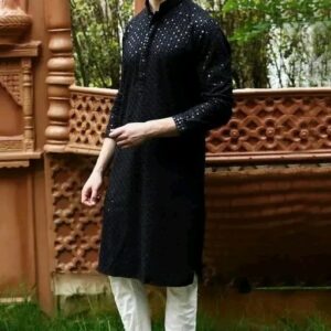 Black Elegant Stitched Men’s Chikankari Kurta – Premium Rayon Comfort
