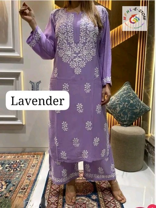 Purple Stitched Rayon Chikankari Kurti & Palazzo Set