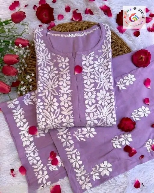 Purple Stitched Rayon Chikankari Kurti & Palazzo Set - Image 2