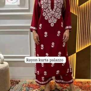 Maroon Stitched Rayon Chikankari Kurti & Palazzo Set
