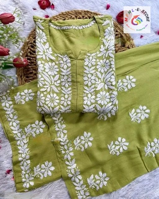 Green Stitched Rayon Chikankari Kurti & Palazzo Set - Image 2