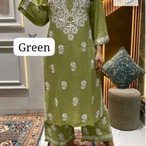 Green Stitched Rayon Chikankari Kurti & Palazzo Set
