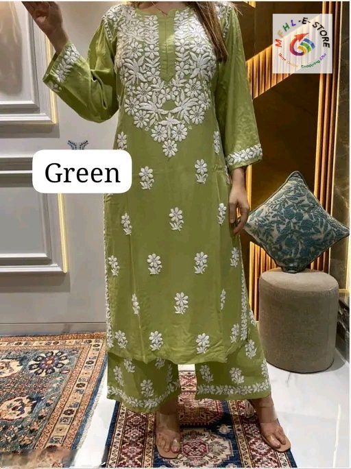 Green Stitched Rayon Chikankari Kurti & Palazzo Set