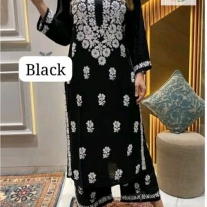 Black Stitched Rayon Chikankari Kurti & Palazzo Set