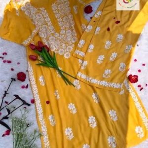Yellow Mustard Stitched Rayon Chikankari Kurti & Palazzo Set